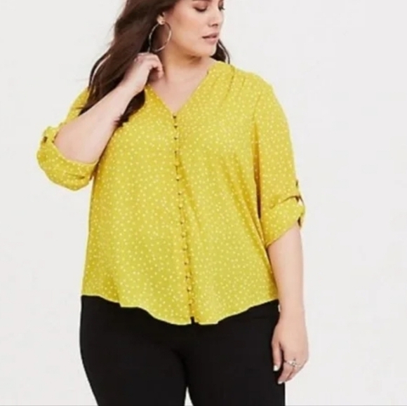 Torrid Split Neck Yellow Polkadot Georgette Blouse - Picture 1 of 11